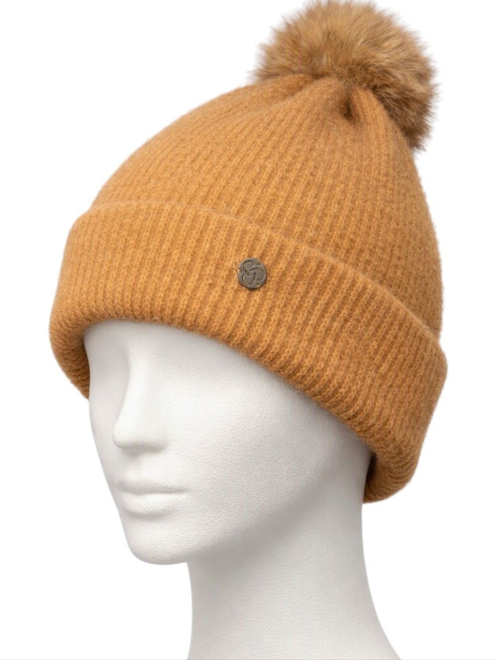 Zella Woman's Brown Light Rib Knit Soft Wool Blend Beanie Hat Faux Fur Pom pom